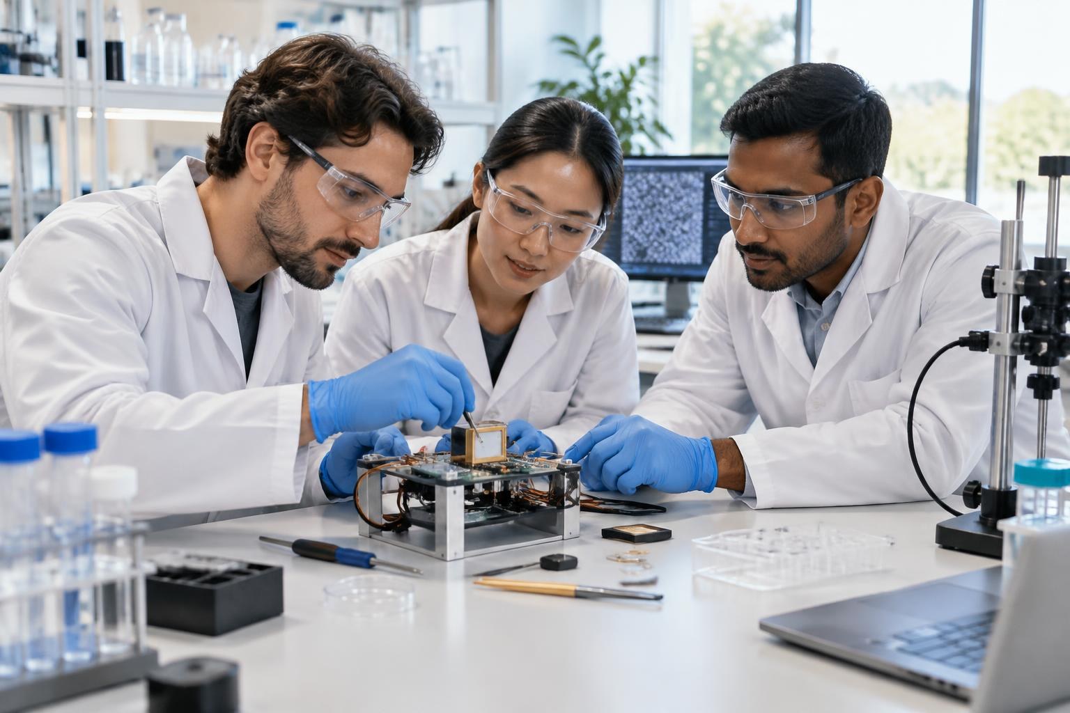 AI-generated editorial illustration of scientists developing an unbranded laboratory prototype