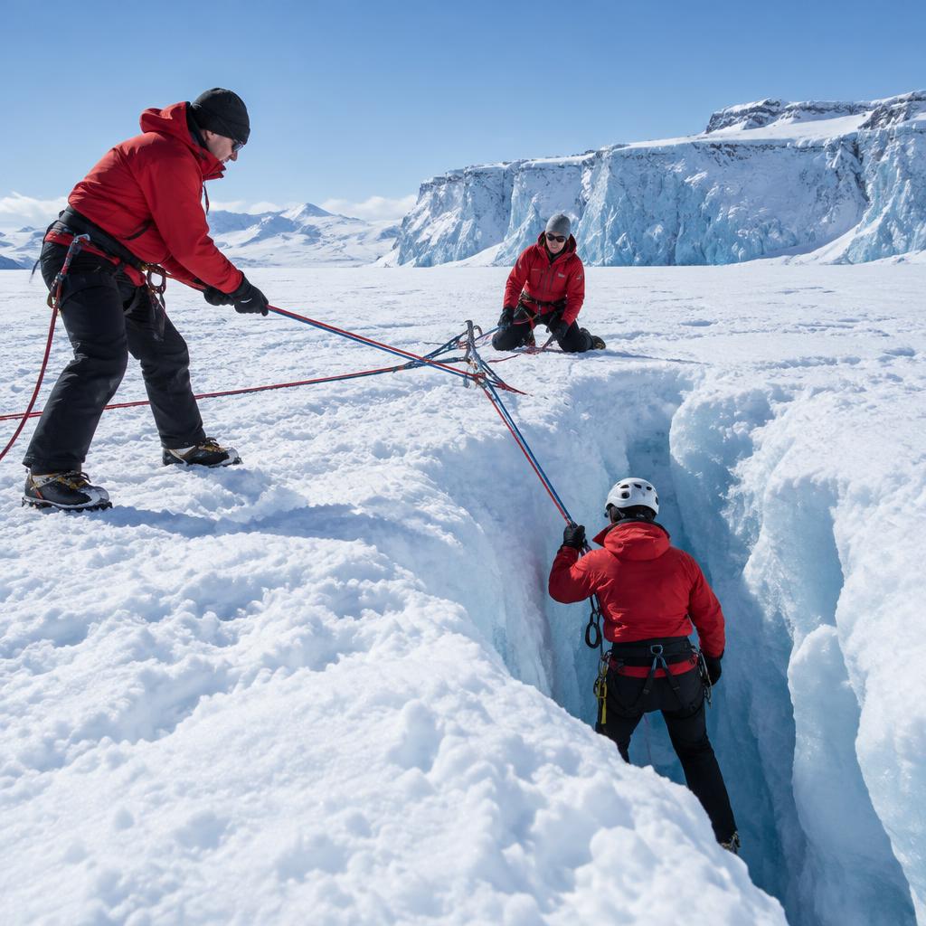 AI-generated editorial illustration: field instructors practising rope-based rescue in a snowy polar landscape.