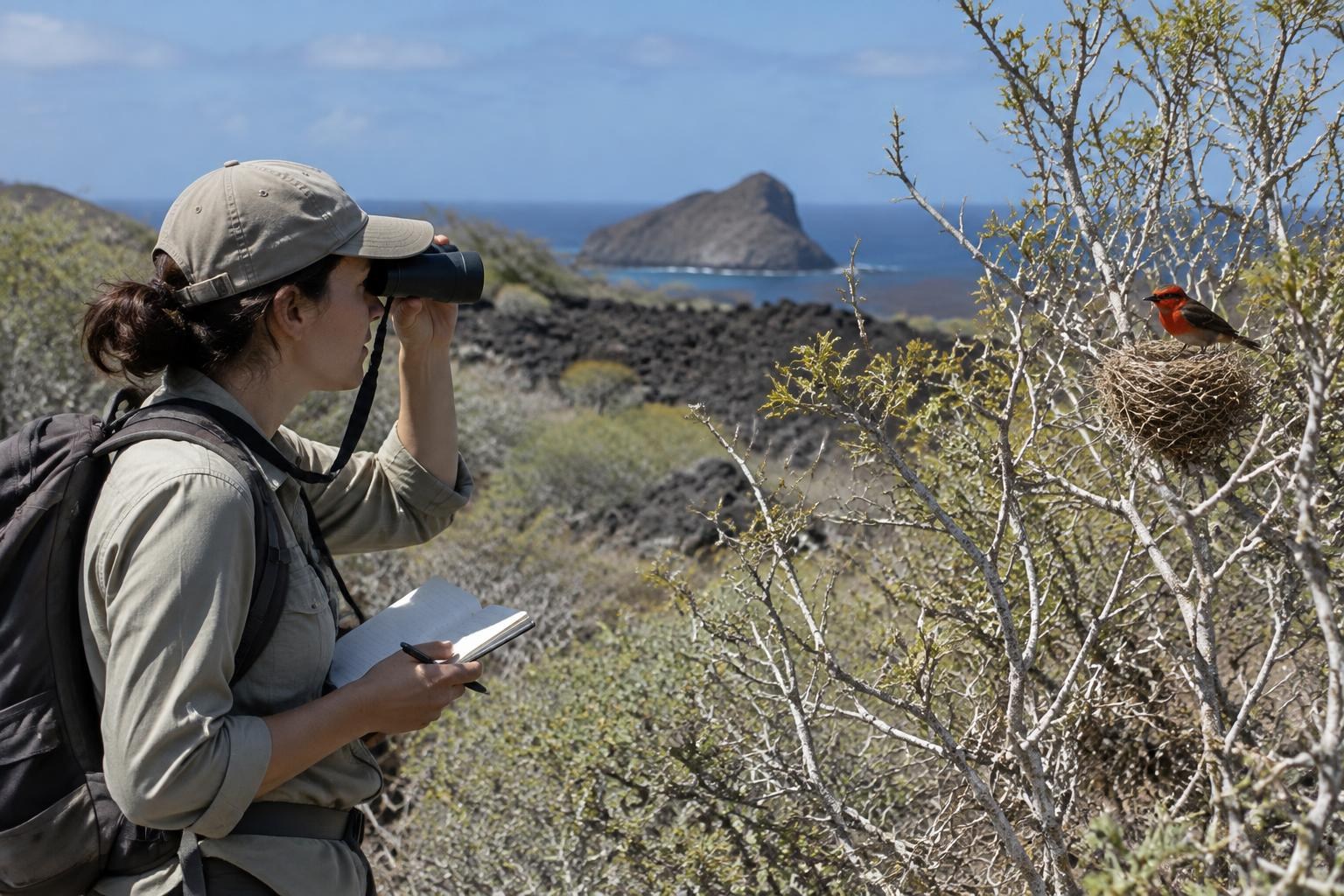 AI-generated editorial illustration: A field researcher observing a small bird in volcanic-island scrub.
