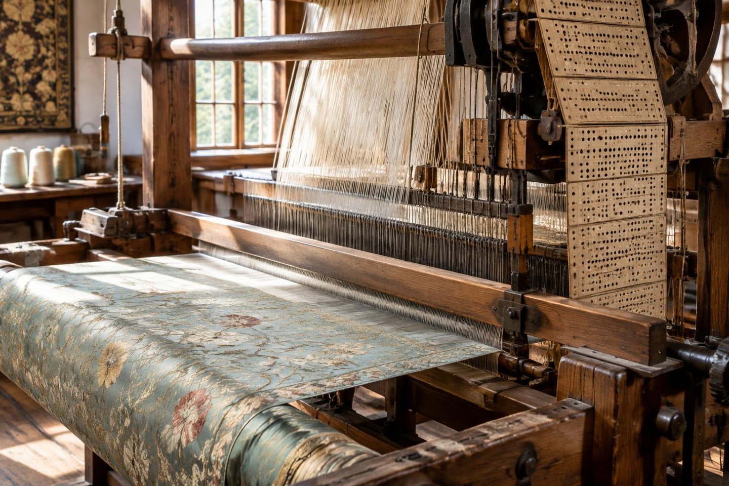 AI-generated editorial illustration — Antique silk Jacquard loom with patterned silk. Not the actual provider or premises.