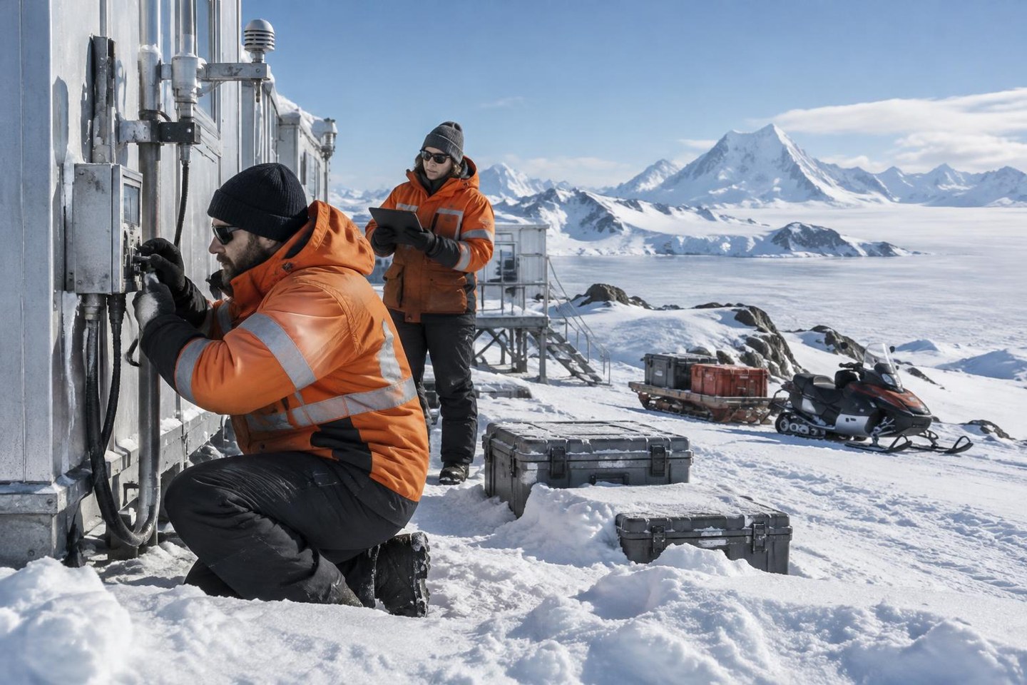 AI-generated editorial illustration: two cold-weather technicians maintaining equipment at a fictional polar research station.