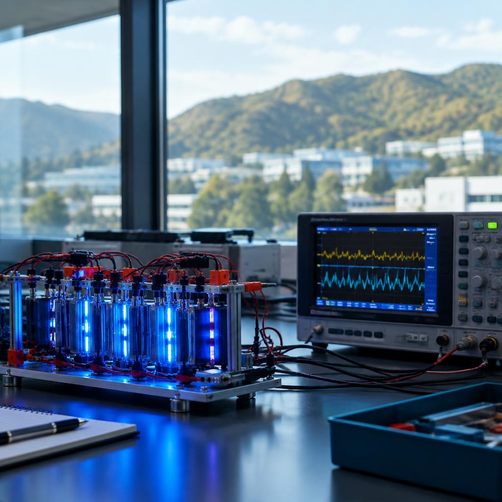 AI-generated editorial illustration: battery test rig and oscilloscope on a laboratory bench with hillside campus beyond