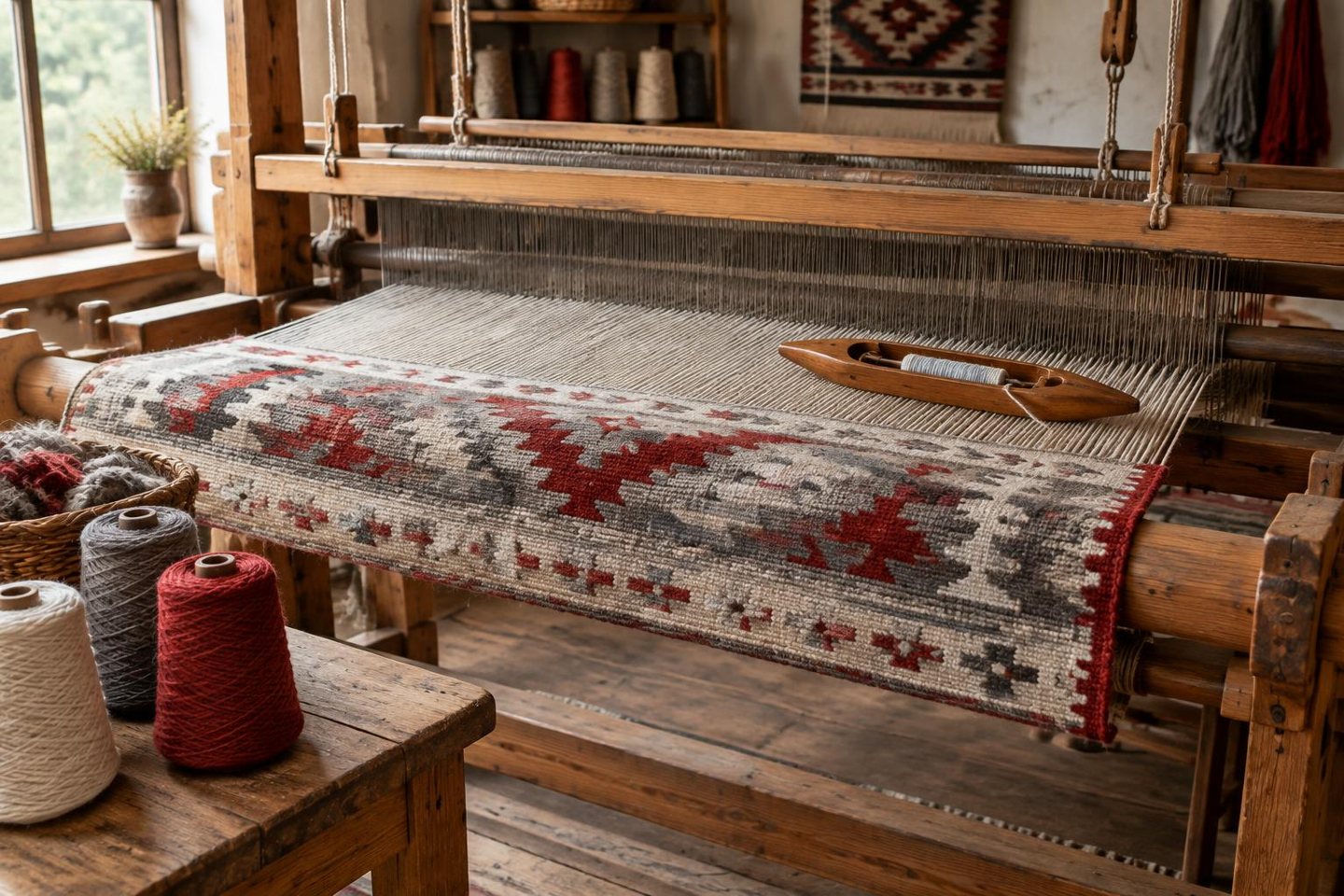AI-generated editorial illustration — Flat-weave carpet on a wool workshop loom. Not the actual provider or premises.