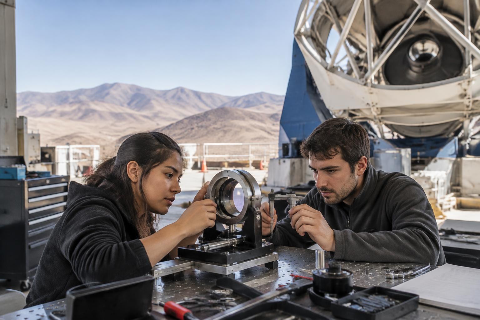 AI-generated editorial illustration: Engineering students examining telescope hardware in a workshop.
