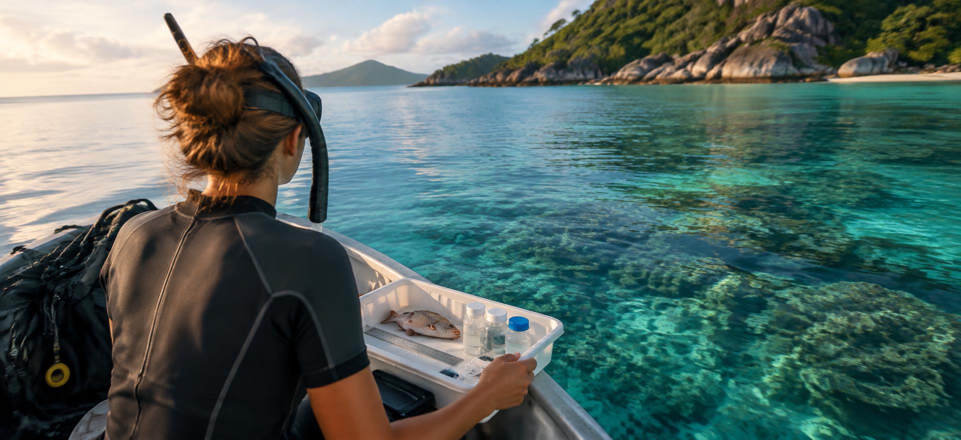 Illustrative image of coastal fisheries field science: researcher with sampling tray on a boat over a Pacific reef.