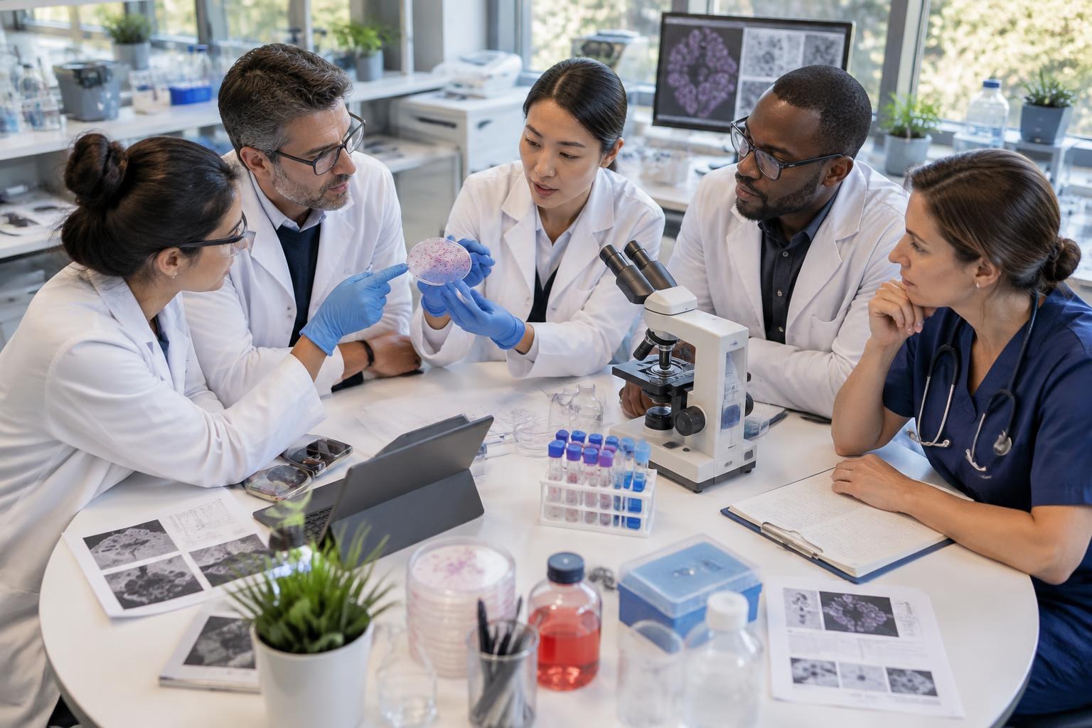 AI-generated editorial illustration of a collaborative biomedical research team
