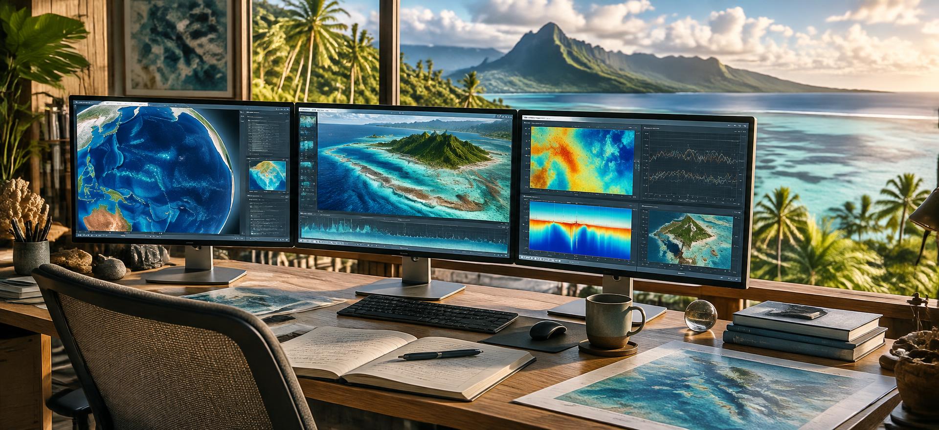 Illustrative image of a Pacific ocean-data research workspace with charts on monitors and a lagoon view.